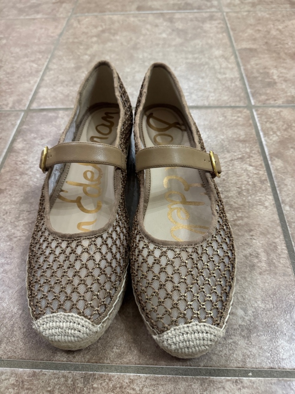 NWOT Sam Edelman Taupe Mesh Mary Jane Espadrille Flats with Gold Buckle